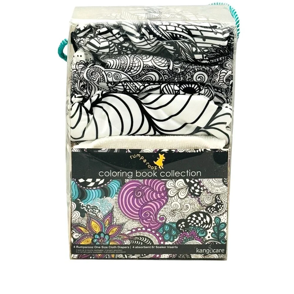 Rumparooz Cloth Diapers OS 4-pk Black & White Coloring Book Print Limited Ed.